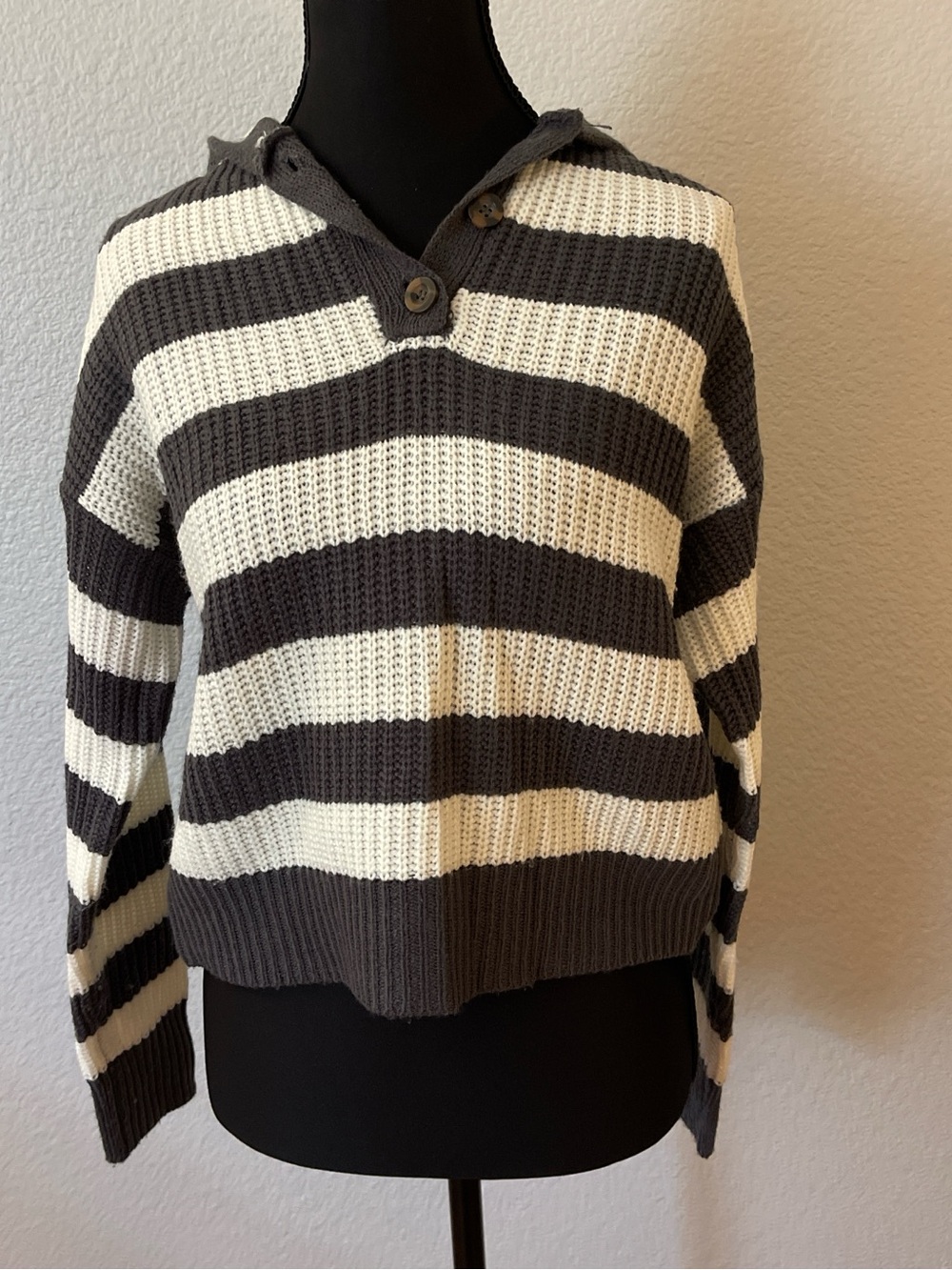 Poof! Striped Knit Pullover in Gray and Cream